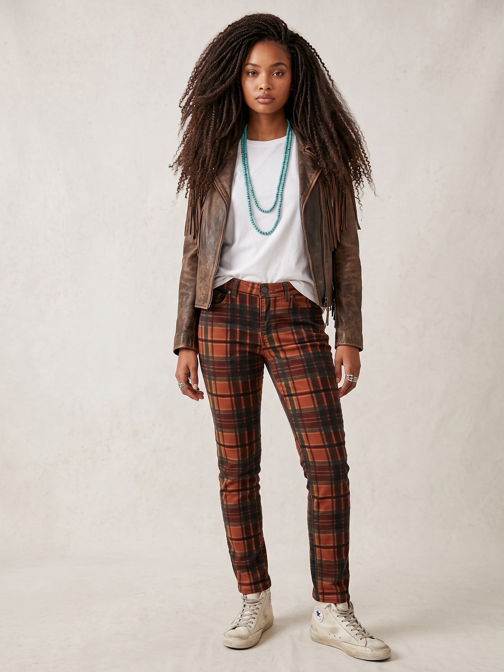 Free People Rust Plaid Skinny Pants Orange Tartan Stretch Size 29